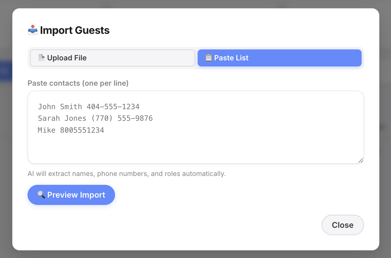 Import Guests dialog showing Upload File and Paste List options